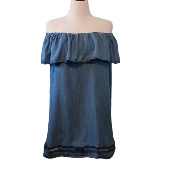 Chelsea & Theodore Denim Off the Shoulder Ruffle Mini Dress Blue Size L - Picture 2 of 12